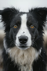 Fototapeta premium A close-up shot of a sheepdog attentively watching over a flock, with sheep in the blurred background, capturing the loyalty and essence of shepherding,