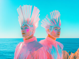 Avant-garde seaside fashion with spiky headpieces and pink-blue tones