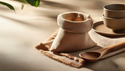 Wooden spoon and small bag on a table