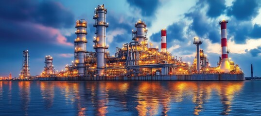 Obraz premium Industrial Oil Refinery Plant at Sunset by the Sea with Dramatic Sky, Industry Zone, Energy Sector