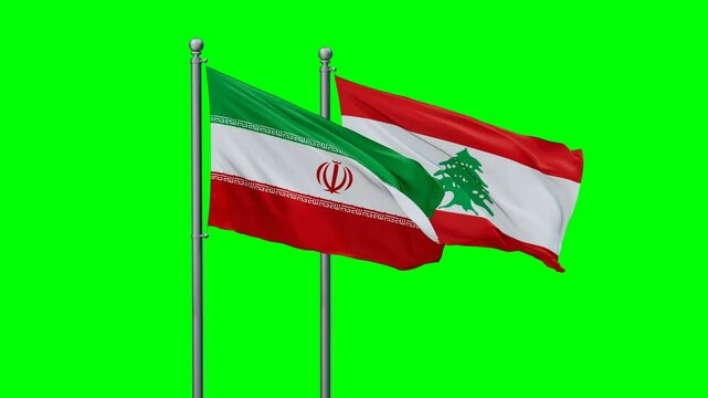 Lebanon and Iran flags flying together, video concept of the relationship with colored chroma key for easy background remove, two country cooperation concept