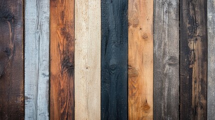 A close-up view of various wooden planks displaying different textures and colors, ideal for backgrounds or design projects, Suitable for use in interior design, woodworking, or rustic themes,