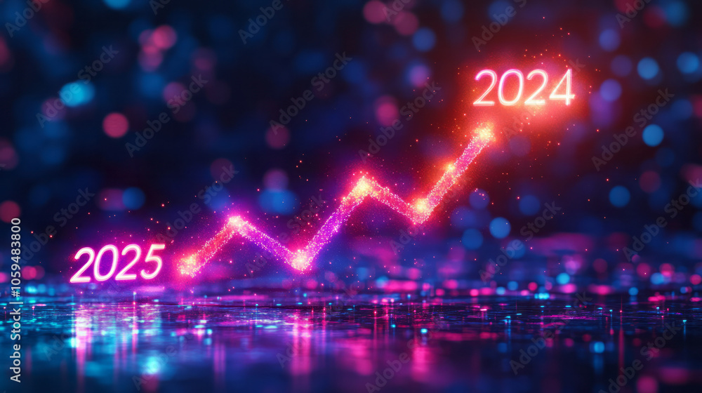 Aufkleber a digital graph-like arrow that starts at the bottom of the screen next to 2024 and rises steeply to
