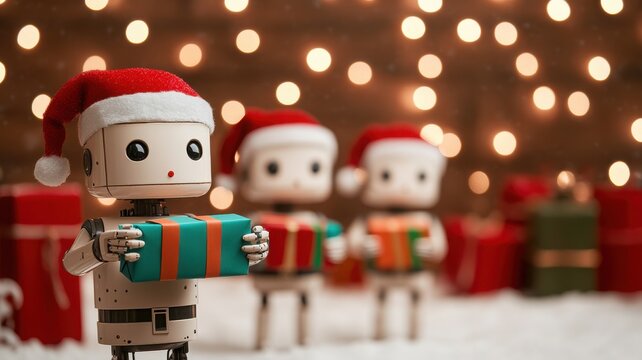 Three cheerful robots in Santa hats holding colorful gifts against a festive backdrop of Christmas lights.