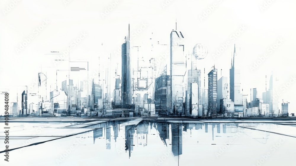 Aufkleber the artwork features a vast futuristic city skyline, characterized by geometric shapes and clean lin