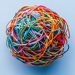 A ball of colorful yarn on a blue background