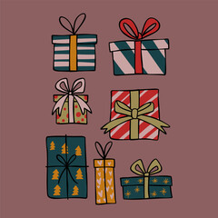 Festive Winter Gifts and Holiday Presents with Ribbons and Warm Winter Colors. Perfect for Christmas, New Year, and Seasonal Celebrations.
