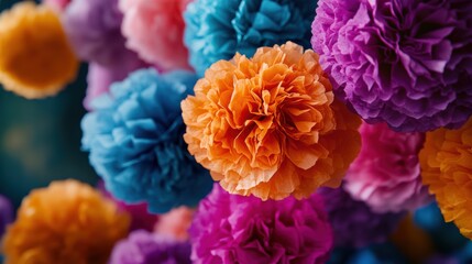 Obraz premium Colorful paper flowers in various hues create a vibrant background, perfect for party decorations, crafts, or festive events, Ideal for invitations, social media posts, or decorative design projects,
