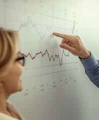 A man discusses data trends with a woman in an office setting.