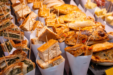 Spanish street food, snack, tapas, sliced sausages, cheese, dry-cured ham jamon serrano close up