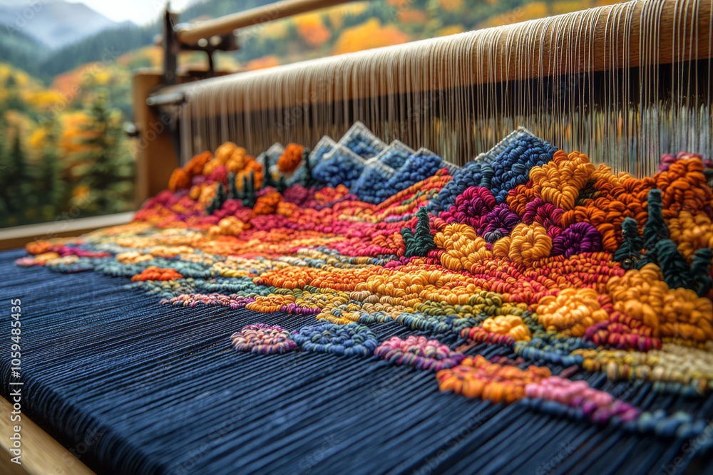 Poster an illustration of a loom with colorful threads that extend beyond, creating a scene of a landscape,
