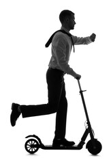 Silhouette of businessman with wristwatch riding electric scooter on white background