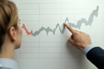 Businessman pointing at a chart with a female colleague analyzing data trends.