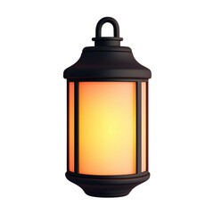 3D lantern with a soft, warm glow, ideal for cozy and ambient designs. Features a minimalist black frame with glowing orange light. Isolated on transparent background, png.