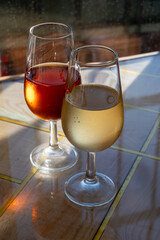Sherry fino, manzanilla, olorosso wine, jerez fortified wine made from palomino white grape served...