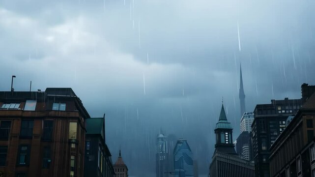A torrential downpour engulfs a city, showcasing dramatic dark clouds and towering buildings silhouetted against the gloomy sky.