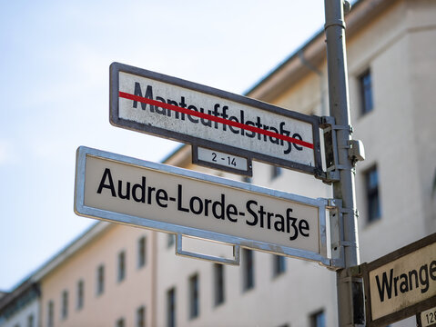 Berlin renaming of the Manteuffelstrasse into Audre-Lorde-Strasse during September 2024. The street name sign has been changed in the Kreuzberg district. The new and the old road signage is visible.
