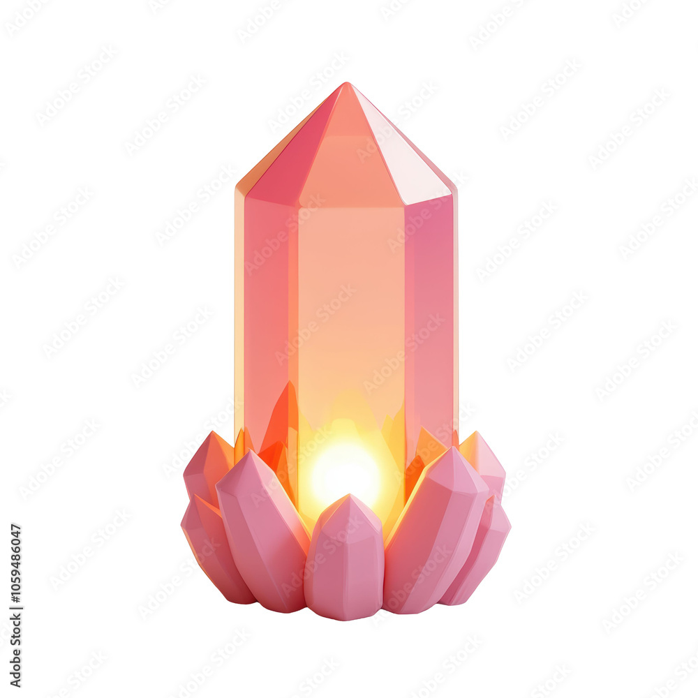Poster 3d pink crystal with a glowing light effect at its base, creating an enchanting and mystical appeara