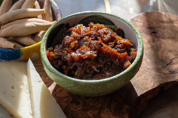 Cheese collection, Spanish matured cheese and onion chutney close up