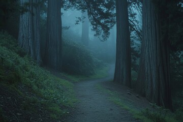 Obraz premium Enchanted Forest Path: A Misty Forest Trail Through Tall Trees