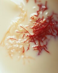 Closeup of saffron threads steeping in warm milk for vibrant flavor infusion