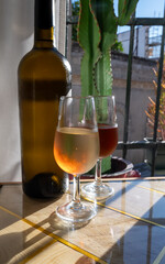 Sherry fino, manzanilla, olorosso wine, jerez fortified wine made from palomino white grape served in Jerez de la Frontera, Cadiz, Andalusia, Spain