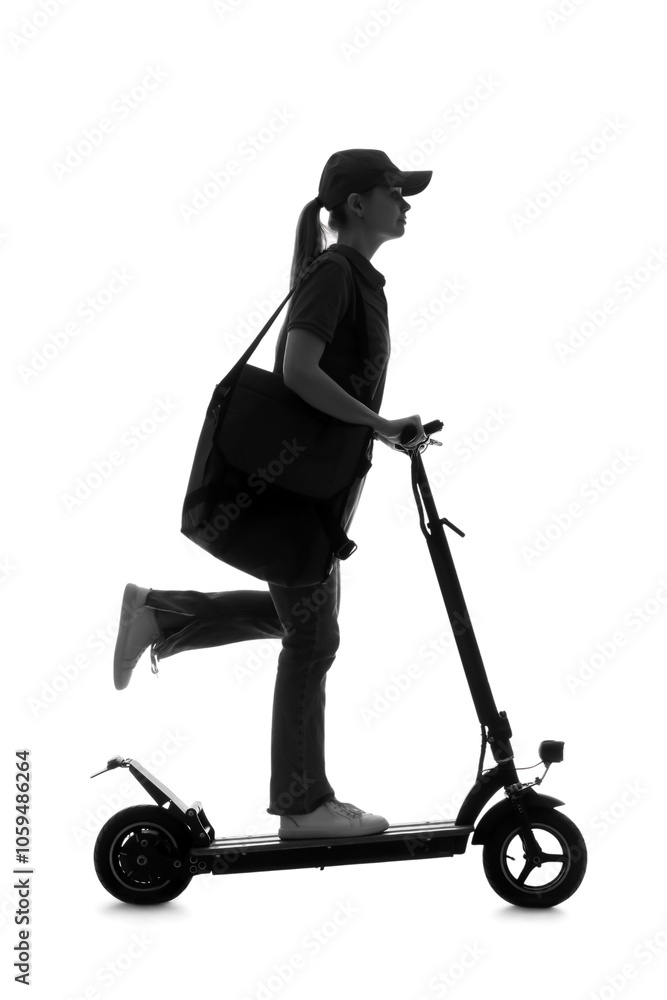 Wall mural silhouette of female courier riding electric scooter on white background