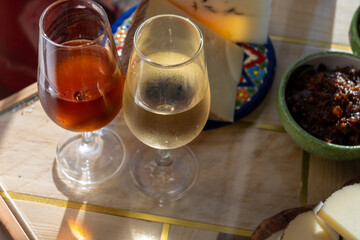 Sherry fino, manzanilla, olorosso wine, jerez fortified wine made from palomino white grape served in Jerez de la Frontera, Cadiz, Andalusia, Spain