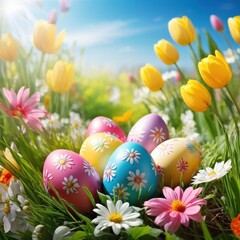 A vibrant spring scene featuring decorated Easter eggs among colorful flowers.