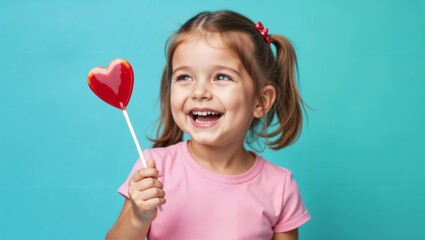Little girl with lollipop in the shape of heart on stick laughs fervently. Portrait of happy child. Smiling girl in pink T-shirt on a blue background