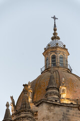 Walking in old part of Jerez de la Frontera, Sherry wine making town, Andalusia, Spain in summer, architectural details, Andalusian style, churches and towers