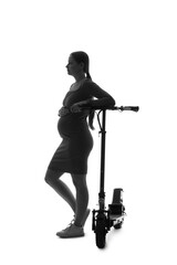 Fototapeta premium Pregnant woman silhouette with electric scooter, modern motherhood and urban mobility, isolated on white background
