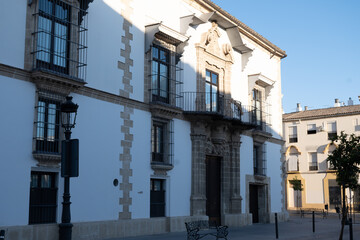 Walking in old part of Jerez de la Frontera, Sherry wine making town, Andalusia, Spain in summer, architectural details, Andalusian style