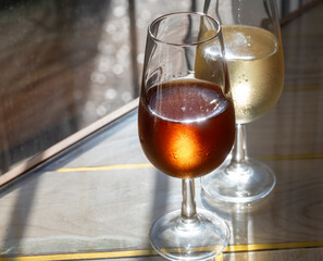 Sherry fino, manzanilla, olorosso wine, jerez fortified wine made from palomino white grape served in Jerez de la Frontera, Cadiz, Andalusia, Spain