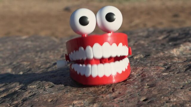Chattering teeth wind-up toy chattering on a rock