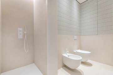 Elegant design of the bathroom, decorated in bright colors. Shower behind a glass .partition.