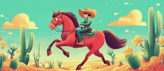 Naklejka premium A cowboy riding a brown horse through a desert landscape with cacti and flowers.