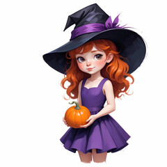 Girl wearing purple witch hat and dress holding halloween pumpkin