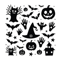 Halloween Elements Set of black and white silhouette vector illustration