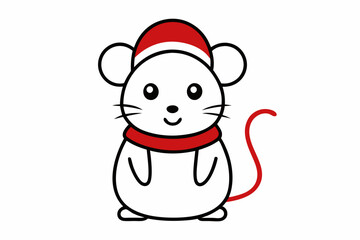  Vector Outline of A cute Mouse wearing a Santa clause hat and scarf on white background.