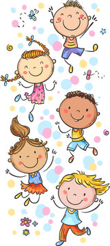 Cartoon happy kids vertical banner. Design element with children jumping with joy, colorful vector illustration