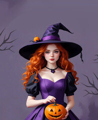 Young woman with orange hair wearing purple witch hat and dress holding halloween pumpkin