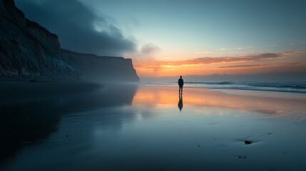 Fototapeta premium A man standing on a beach at sunset capturing the serenity of nature and the peacefulness of a quiet moment by the ocean