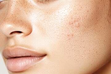 Close-up of a woman's face highlighting skin problems like enlarged pores, acne, and blemishes