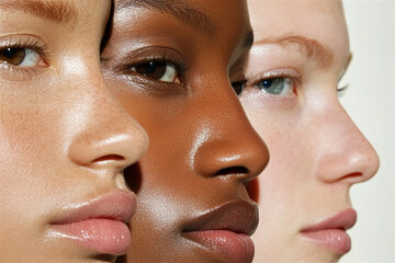 Close-up of three diverse models showcasing flawless skin, emphasizing natural beauty and inclusivity in cosmetics