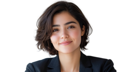 Confident young woman in a business suit smiling against a plain background, conveying professionalism and warmth. isolated PNG transparent background.