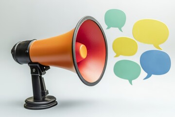 A megaphone with speech bubbles promoting freedom of speech and the right to express opinions freely