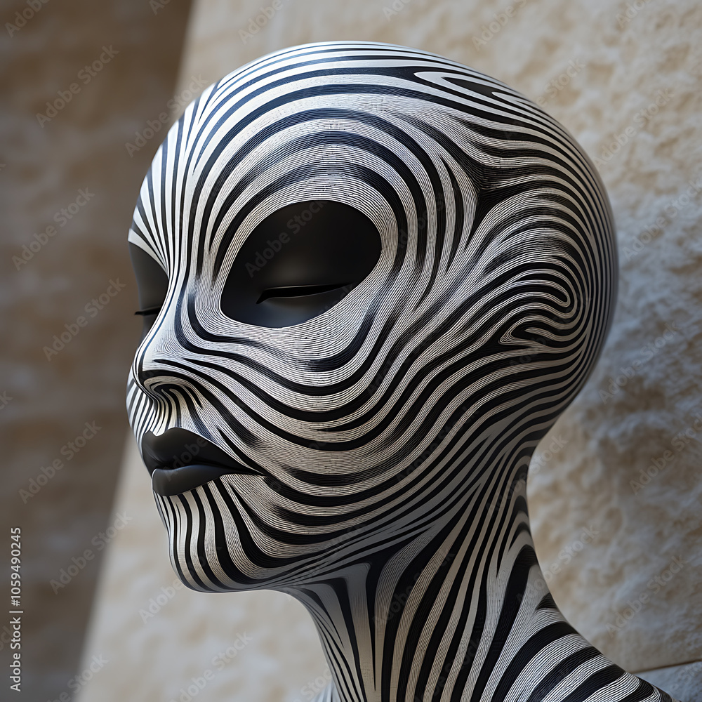 Poster striking black and white geometric mask design on mannequin face, showcasing intricate lines and pat