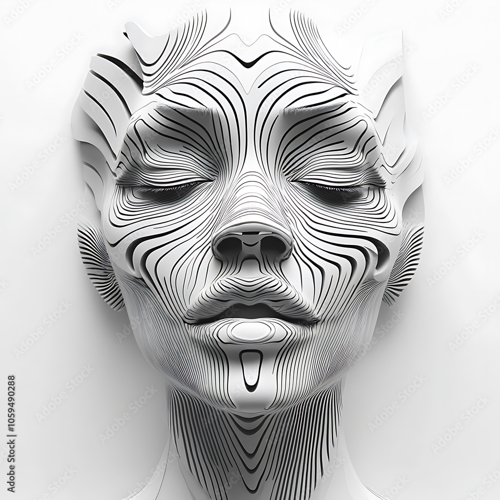Poster minimalist 3d geometric mask design featuring intricate lines and patterns, showcasing stylized face