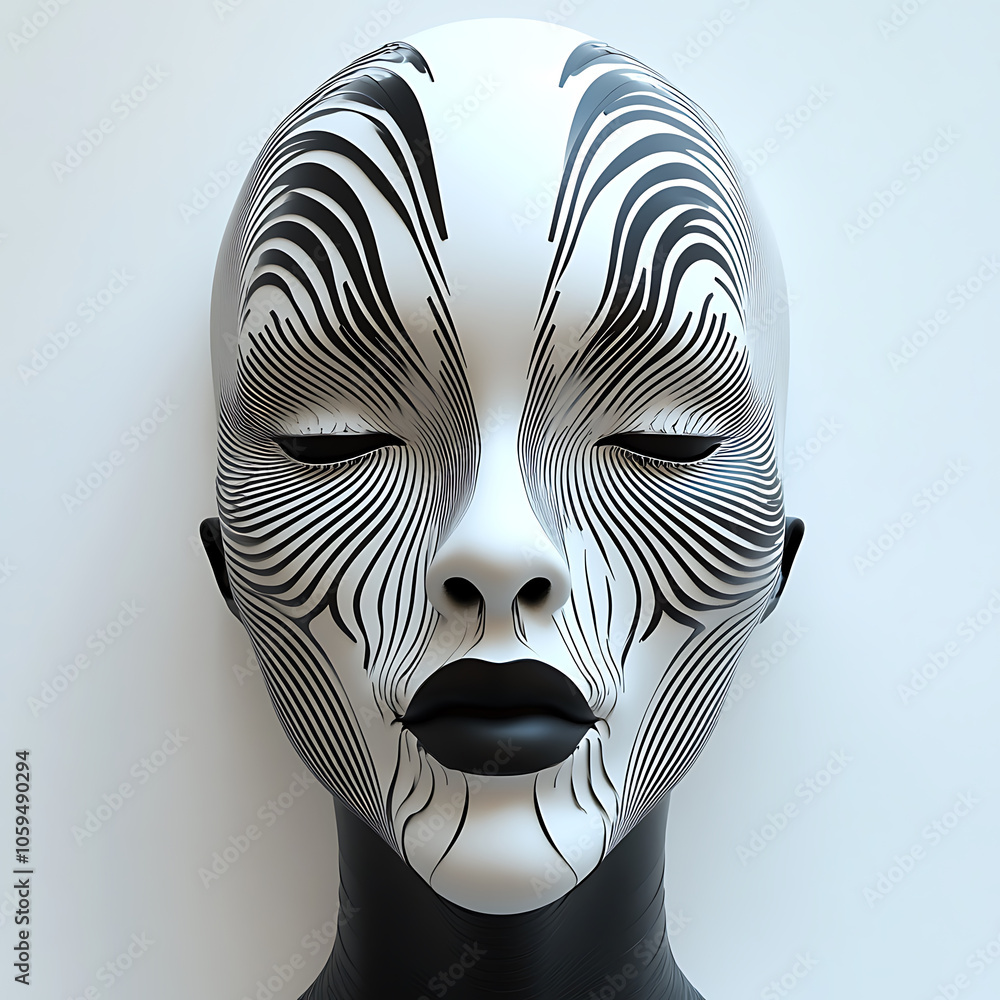Poster minimalist 3d geometric mask with intricate black and white patterns, showcasing unique artistic des